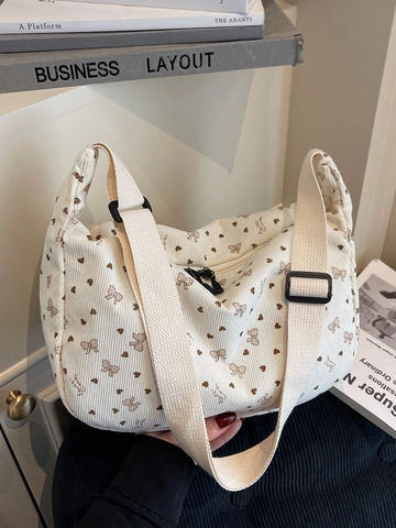 Bolso Bandolera de Pana para Mujer Bolso Hobo con Estampado de Corazón y Lazo Gran Capacidad Retro Casual Bolso de Hombro Correa Ajustable