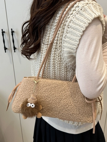 Women Autumn Winter Plush Underarm Bag Fashion Sherpa Shoulder Bag With Cute Monster Pendant Side Bow Casual Baguette Bag