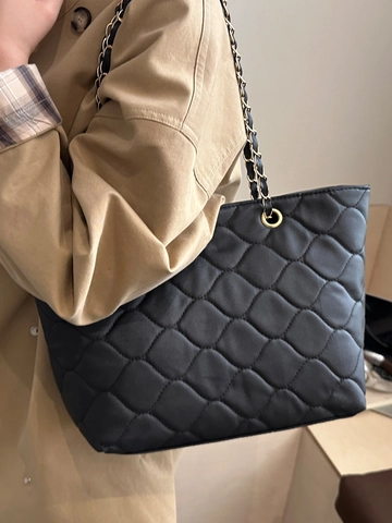 Große Kapazität Gesteppte Shopper Tasche Für Damen Vintage Rautenmuster PU Leder Schultertasche Mit Gold Metallkettenriemen