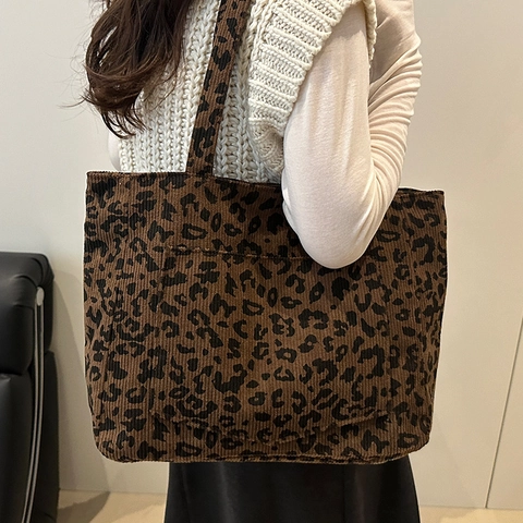 Borsa Tote in Velluto a Coste Leopardata Donna Grande Capacità Retro Street Style Borsa a Spalla Cerniera Pendolarismo Borsa