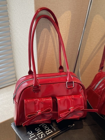 Bolso de Hombro de Cuero PU Brillante para Mujer Con Bolsillos Delanteros Dobles con Lazo Bolso Baguette Estilo Retro Y2K para Diario