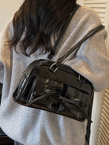 Bolso de Hombro de Cuero PU Brillante para Mujer Con Bolsillos Delanteros Dobles con Lazo Bolso Baguette Estilo Retro Y2K para Diario