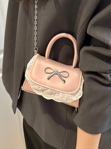 Mini Borsa a Tracolla in Pelle PU con Fiocco per Donna Dolce Bordo in Pizzo Catena in Metallo Borsa Quadrata Piccola