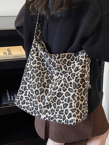 Borsa Tote in Tela con Stampa Leopardata Grande Capacità Borsa da Spesa Donna con Cerniera Moda Vintage Borsa a Mano