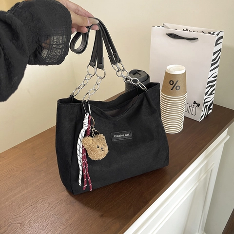 Bolso Tote de Corduroy Vintage Para Mujer Bolso de Hombro de Gran Capacidad Bolso de Mano Casual Retro Con Cadena y Colgante de Oso