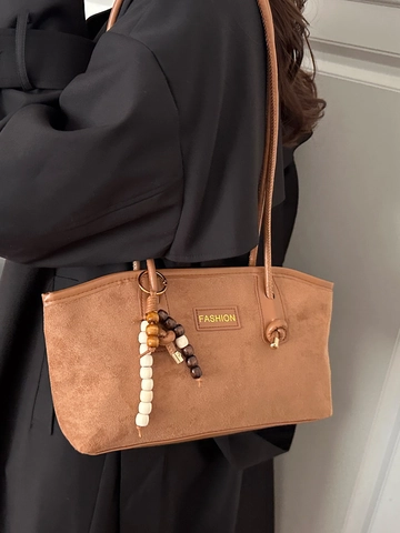 Vintage Large Capacity Suede Look PU Leather Tote Bag Women Leopard Print Shoulder Bag With Beaded Charm Casual Handbag