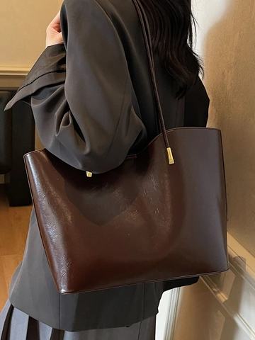 Women Large Capacity Glossy Synthetic Leather Tote Bag Minimalist Commuter Shoulder Bag Elegant Solid Color Handbag