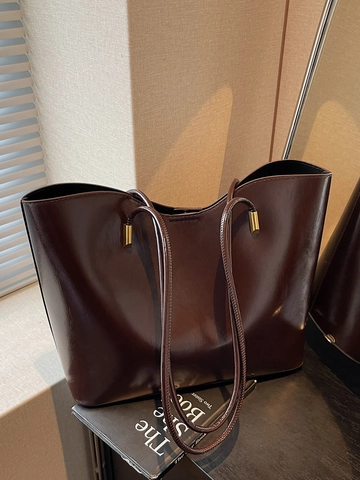 Women Large Capacity Glossy Synthetic Leather Tote Bag Minimalist Commuter Shoulder Bag Elegant Solid Color Handbag