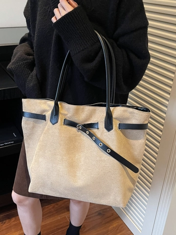 Minimalist High Capacity PU Leather Tote Bag For Women Retro Suede Texture Shoulder Bag With Eyelet Belt Handbag