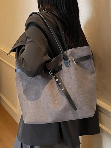 Minimalist High Capacity PU Leather Tote Bag For Women Retro Suede Texture Shoulder Bag With Eyelet Belt Handbag