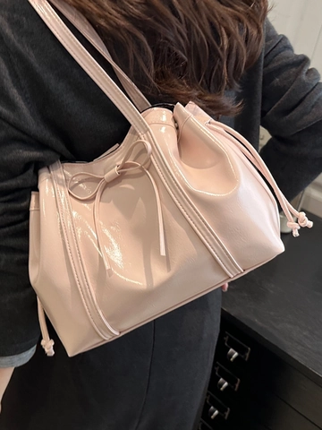 Borsa a Tracolla da Donna in Pelle PU Lucida Elegante Fiocco Coulisse Borsa Tote Versatile Borsa a Mano Pendolare Quotidiana