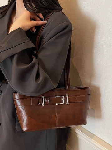Borsa a Spalla in Pelle PU Vintage per Donna Borsa Sottobraccio Retrò Con Fibbia della Cintura Borsa Tote a Grande Capacità Handbag alla Moda