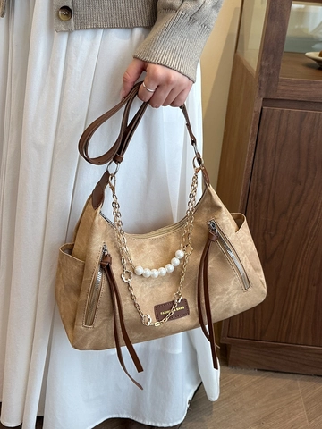 Borsa Tote in PU da Donna a Grande Capacità Borsa a Tracolla di Moda Retro Con Catena di Perle Artificiali e Nappa