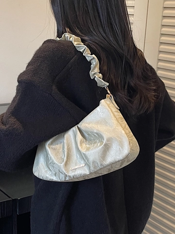 Women Ruched Hobo Bag PU Leather Pleated Shoulder Bag With Ruffle Strap Solid Color Elegant Underarm Bag For Daily Use