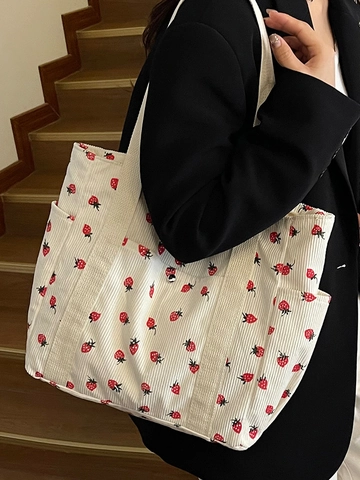 Borsa Tote da Donna in Velluto a Coste con Stampa a Fragola Grande Capacità Borsa a Tracolla Casual Shopping Bag Versatile