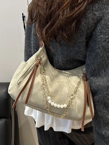 Women Large Capacity PU Leather Shoulder Bag With Artificial Pearl Metal Chain Minimalist Solid Color Hobo Tote Bag For Daily