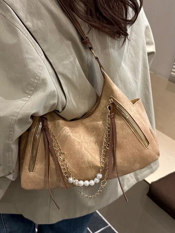 Women Large Capacity PU Leather Shoulder Bag With Artificial Pearl Metal Chain Minimalist Solid Color Hobo Tote Bag For Daily