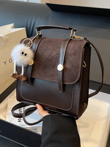 Damen Vintage PU Leder Rucksack Patchwork Handtasche Mode Lässig Reisen Schultasche Mit Süßem Plüsch Monster Anhänger