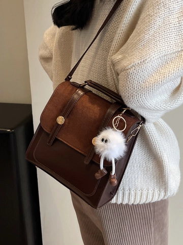Damen Vintage PU Leder Rucksack Patchwork Handtasche Mode Lässig Reisen Schultasche Mit Süßem Plüsch Monster Anhänger