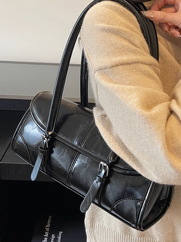 Women Vintage Glossy PU Leather Underarm Bag Retro Solid Color Square Shoulder Bag With Metal Buckle Versatile Commuter Handbag