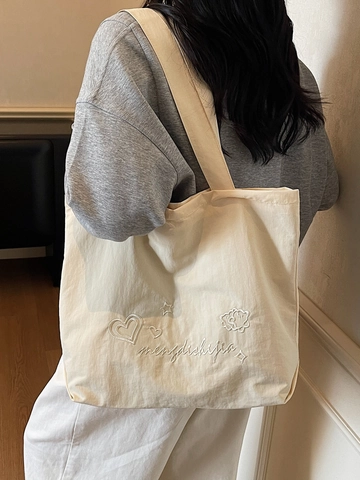 Damen Segeltuch Tragetasche Herz Stern Stickerei Große Kapazität Umhängetasche Lässig Schule Student Shopping Handtasche