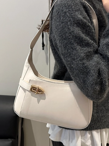 Minimalist PU Leather Underarm Shoulder Bag For Women Gold Buckle Solid Color Elegant Commuting Handbag Daily Hobo Bag