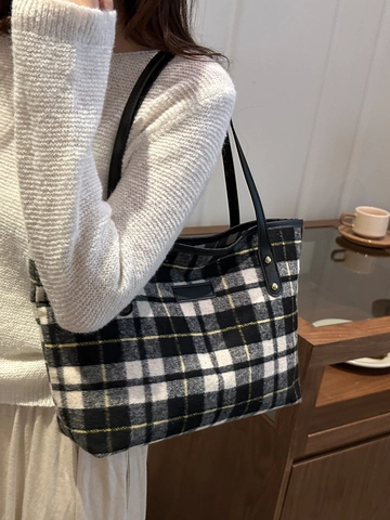 Sac Fourre-tout en Laine à Carreaux Rétro pour Femmes Grande Capacité Sac à Épaule pour Trajet Sac à Main de Mode Vintage