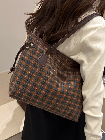 Sac Fourre-tout en Laine à Carreaux Rétro pour Femmes Grande Capacité Sac à Épaule pour Trajet Sac à Main de Mode Vintage