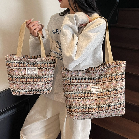 Damen Vintage Ethnisch Geometrisch Jacquard Einkaufstasche Große Kapazität Baumwolle Gewebt Schultertasche Bohemian Pendler Tasche