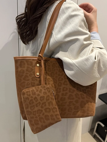 Ensemble de Sac Fourre-tout Imprimé Léopard pour Femmes Sac à Épaule en PU Grande Capacité Avec Petite Pochette Travail