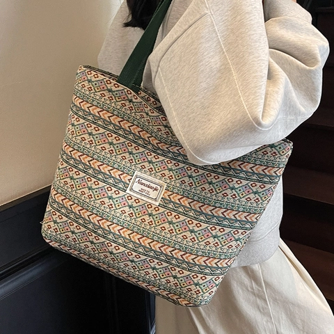 Damen Vintage Ethnisch Geometrisch Jacquard Einkaufstasche Große Kapazität Baumwolle Gewebt Schultertasche Bohemian Pendler Tasche