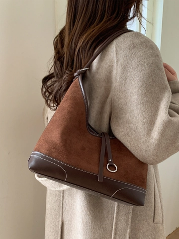 Borsa a Spalla Donna Vintage in PU e Scamosciato Artificiale Grande Capacità Cuciture a Contrasto Tote Bag Con Anello in Metallo Minimalista Hobo