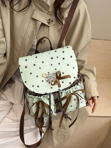 Mochila Dulce de Cuero PU para Mujer Verde Menta Estampado Estrellas Cuadros Lazo Contraste Color Estilo Preppy Japonés