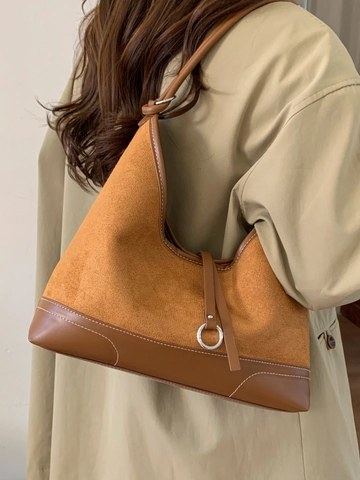 Borsa a Spalla Donna Vintage in PU e Scamosciato Artificiale Grande Capacità Cuciture a Contrasto Tote Bag Con Anello in Metallo Minimalista Hobo