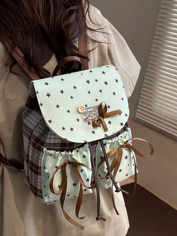Mochila Dulce de Cuero PU para Mujer Verde Menta Estampado Estrellas Cuadros Lazo Contraste Color Estilo Preppy Japonés