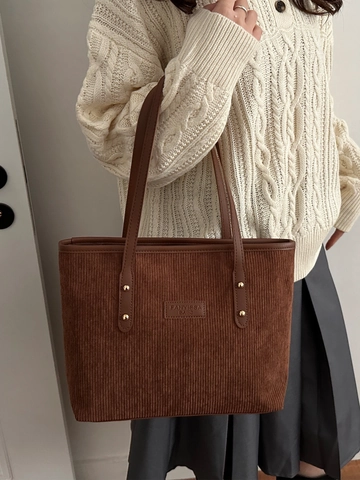 Borsa Tote in Velluto a Coste da Donna Grande Capacità a Tracolla Minimalista Vintage Per Pendolari Quotidiani