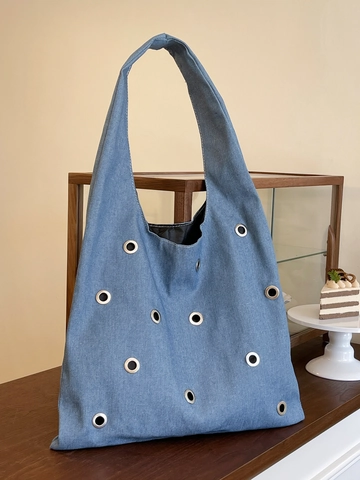 Große Denim Umhängetasche Damen Industrie Metallösen Tragetasche Minimalistisch Leichte Denim Einkaufstasche Mode Hobo Handtasche