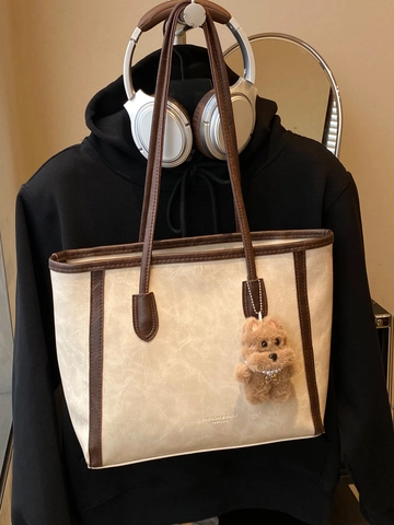 Große Kapazität Damen Retro PU Leder Tragetasche Mode Umhängetasche Mit Plüsch Welpen Anhänger Für Schule Pendeln Casual Shopping