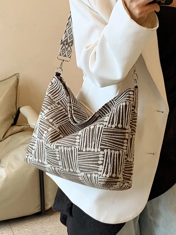 Geometrisches Muster Segeltuch Tragetasche Große Kapazität Damen Umhängetasche Mit Breitem Riemen Casual Commute Fashion Tasche