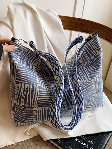 Geometrisches Muster Segeltuch Tragetasche Große Kapazität Damen Umhängetasche Mit Breitem Riemen Casual Commute Fashion Tasche