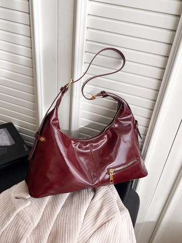 Glossy PU Leather Hobo Bag Women Large Capacity Underarm Shoulder Bag Vintage Solid Color Commuter Fashion Handbag Gift