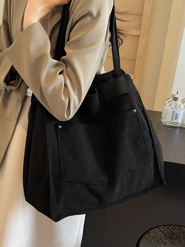 Women Large Tote Bag Corduroy Texture Canvas Shoulder Bag For School Commuting Casual Daily Solid Color Handbag With Rivet