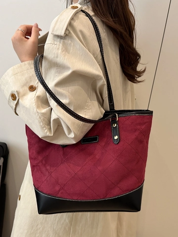Damen Große Kapazität Gesteppte Tote Bag PU Leder Patchwork Umhängetasche Kontrastnaht Pendler Mode Handtasche