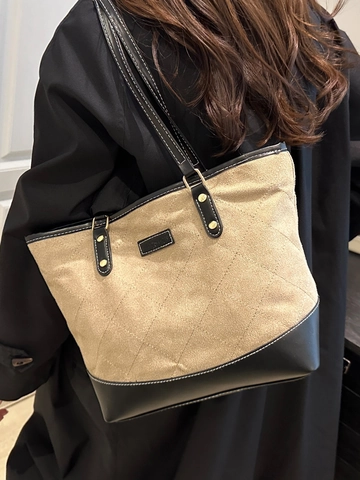 Damen Große Kapazität Gesteppte Tote Bag PU Leder Patchwork Umhängetasche Kontrastnaht Pendler Mode Handtasche