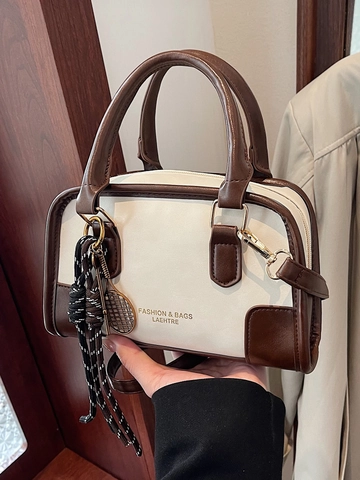 Vintage Contrast Color Boston Bag For Women PU Leather Mini Shoulder Bag Retro Commuting Handbag With Tennis Racket Pendant