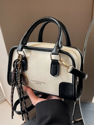 Vintage Contrast Color Boston Bag For Women PU Leather Mini Shoulder Bag Retro Commuting Handbag With Tennis Racket Pendant