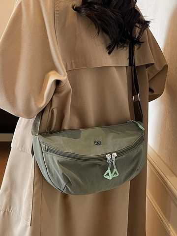 Women's Nylon Half Moon Shoulder Bag Lightweight Casual Crossbody Dumpling Bag Solid Color Adjustable Wide Strap Sporty Bag