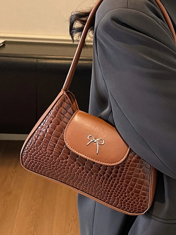 Women Crocodile Embossed PU Leather Shoulder Bag Retro Bow Underarm Bag Casual High Capacity Commuter Square Handbag