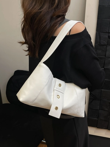 Vintage PU Leather Underarm Shoulder Bag For Women Minimalist Rivet Design Metal Eyelets Tote Handbag Daily Fashion Bag
