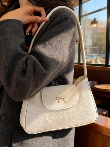 Women Crocodile Embossed PU Leather Shoulder Bag Retro Bow Underarm Bag Casual High Capacity Commuter Square Handbag